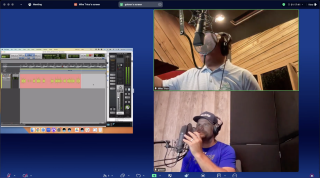 A virtual meeting screen shows a recording session with Mike Tirico in a soundproof booth, a Pro Tools audio editing interface, and a person in a blue shirt.