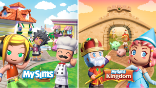Die MySims-Charaktere in einer farbenfrohen Stadt auf der linken Seite; MySims Königreich mit mittelalterlichen Charakteren und einem Burgtor auf der rechten Seite.