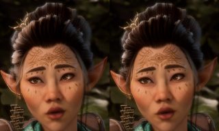 A picture showing  a video game character rendered with and without Hero Shadows.