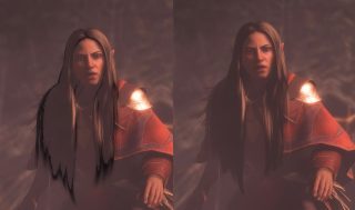 A picture showing  a video game character rendered with and without "Layered" transparency.