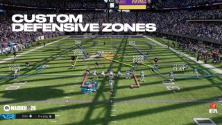 Madden 26 gameplay image showing a defensive setup with custom zones labeled: deep zone, hook zone curl, mid read, and cloud flat on a football field.