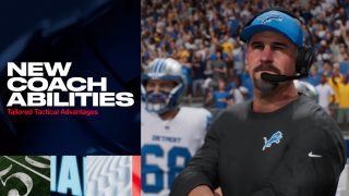 Text on the left reads "New Coach Abilities: Tailored Tactical Advantages" with the Detroit Lions coach and a player on the right.