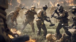 Soldiers in tactical gear engage in intense combat, wielding sledgehammers amidst flames and barbed wire, set in a chaotic battlefield with smoke-filled skies.