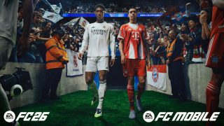 Jude Bellingham (left) and Jamal Musiala (right) walk onto the field, surrounded by cheering fans, in an EA Sports FC26 and FC Mobile promotional image.