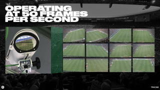 Stadium tracking camera and grid of overhead pitch views show players from multiple angles, with text “Operating at 50 Frames Per Second” and TRACAB logo visible.