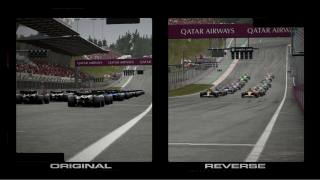 Side-by-side image of f1 race tracks with text that reads original and reverse under the images.