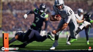 A Raiders player runs with the ball while a Seahawks defender dives for a tackle in a dynamic, action-packed gameplay moment from Madden NFL 27.