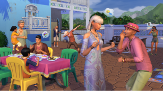 Des Sims discutent dans un bar à cocktail animé. Deux Sims discutent à une table pendant que d'autres dansent, flirtent ou se détendent dans un décor de boîte de nuit dynamique éclairé au néon.