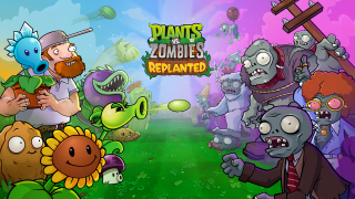 Fargerik Plants vs Zombies: Replanted-scene. Venstre: planter og en gartner. Høyre: zombier i dress. Sentral logo. Pulserende himmel, dynamisk konfrontasjon.