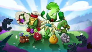 Cartoon plants from Plants vs. Zombies pose heroically in a sunny field, each with unique features, as zombie hands reach in from the corners