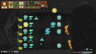 Plants vs. Zombies game: A nighttime level with various plants (peashooters, sunflowers) defending against approaching zombies. Sun icons and game menu are visible.