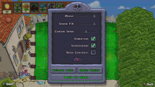 Game settings menu with options for music, sound effects, cursor speed, vibration, screenshake, and high contrast. Buttons: Restart Level, Main Menu, Back to Game.