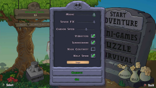 Game settings menu with options for music, sound FX, cursor speed, vibration, screenshake, high contrast, and half speed. Adventure and other modes on a stone menu.