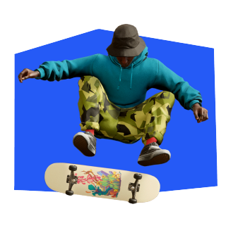 Personne en l'air effectuant un trick de skateboard ; hoodie sarcelle, pantalon camouflage, planche de skateboard aux graffitis colorés ; fond bleu uni polygonal, sans texte ni interface utilisateur.