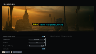 Subtitle customization screen in a Star Wars game showing blue text options, extra large scale, and a desert planet backdrop.