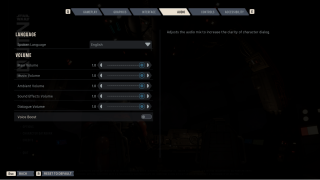 Audio settings menu in a Star Wars game with volume sliders for music, ambient, sound effects, and dialogue, plus a voice boost toggle.