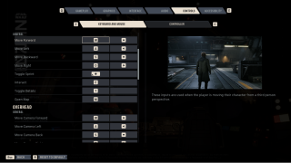 Keyboard and mouse controls menu in a Star Wars game showing movement keybindings and a third-person character preview.