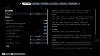 Gameplay settings menu in a Star Wars game showing difficulty options, toggles for sprint and camera, and challenge descriptions.