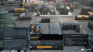 Tactical combat screen in a Star Wars game showing an Overwatch ability selection with characters positioned on an industrial battlefield.