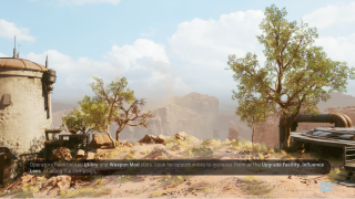 Scenic desert canyon vista in a Star Wars game with scattered trees, rocky cliffs, and a weathered building under a bright sky.