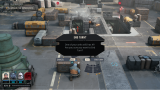 Tactical gameplay moment in a Star Wars game with an "End Turn?" confirmation dialog over an industrial combat zone.