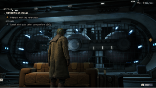 A character in a brown coat faces a large circular window in a dim spaceship lounge with mission objectives displayed on screen.