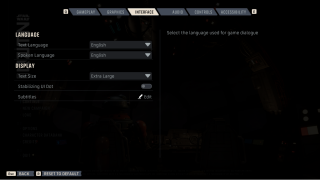 Interface settings screen from a Star Wars game with language set to English, text size on Extra Large, and subtitle options visible.