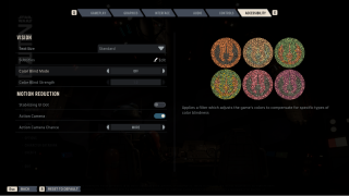 Accessibility settings menu in a Star Wars game showing color blind mode options, motion reduction toggles, and six color test patterns.