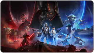 Star Wars-Charaktere in einer epischen Szene: Darth Vader, Yoda und andere bereit zum Kampf mit Lichtschwertern, Raumschiffen und Planeten im Hintergrund.