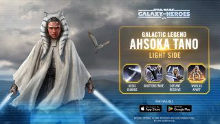 Infographic highlighting the in-game model and abilities of Galactic Legend Ahsoka Tano in Star Wars: Galaxy of Heroes.