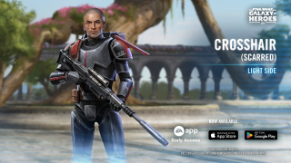 Crosshair standing on the left wearing a grey armour and holding a long machine gun. On the right, displayed text that reads 'Crosshair (Scarred)' and 'Light Side'