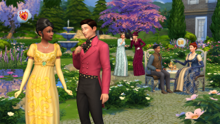 Couple in formal attire talk in a garden with other elegantly dressed guests socializing on benches and walking among flowers and trees.