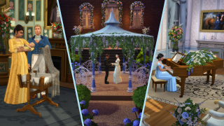 Scenes of a couple’s life: holding a baby indoors, exchanging vows in a garden gazebo, and a Sim playing piano beside a coffin in a formal room.