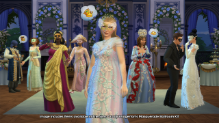 Several Sims are gathered at a Masquerade ball. There's 1 Sim in the forefront looking into the camera wearing an ornate Masquerade mask and evening gown.