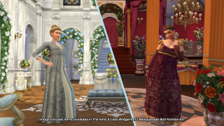 Split-screen promo of two Sims in ornate Regency gowns—one in a bright floral ballroom, the other in a red-and-gold grand hall.