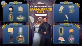 An image outlining The Sims 4 Lady Bridgerton's Ballroom event rewards. Two Sims wearing elegant masquerade costume stand side by side with weekly event rewards around them.