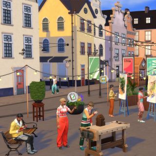 Ein paar Sims genießen einen lebendigen Ort der Gemeinschaft im Freien mit farbenfrohen Gebäuden, Lichterketten, Kunstwerken, Holzarbeiten und Aktivitäten.