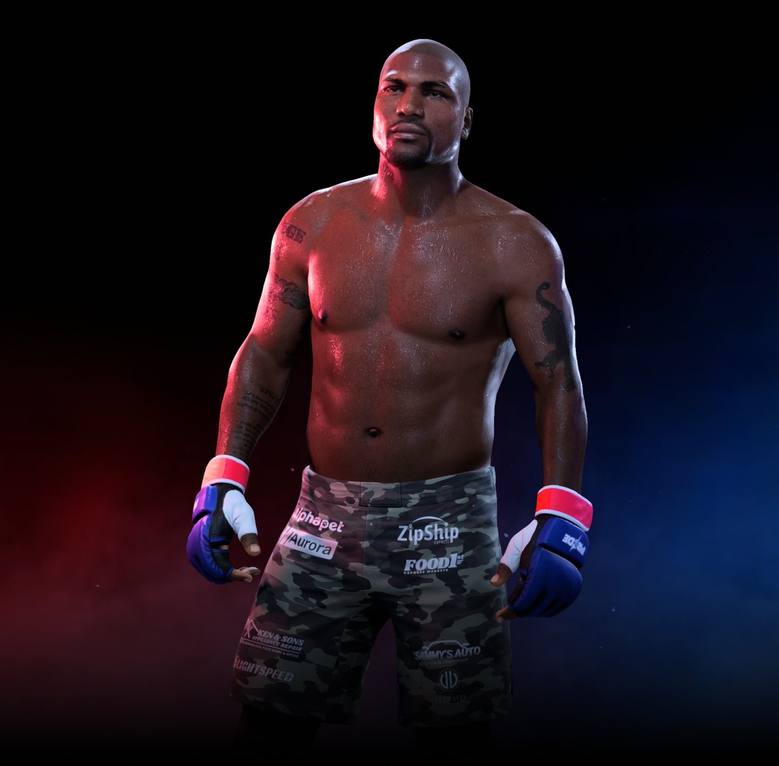 Jon Jones reimagined as a wrestler in red shorts