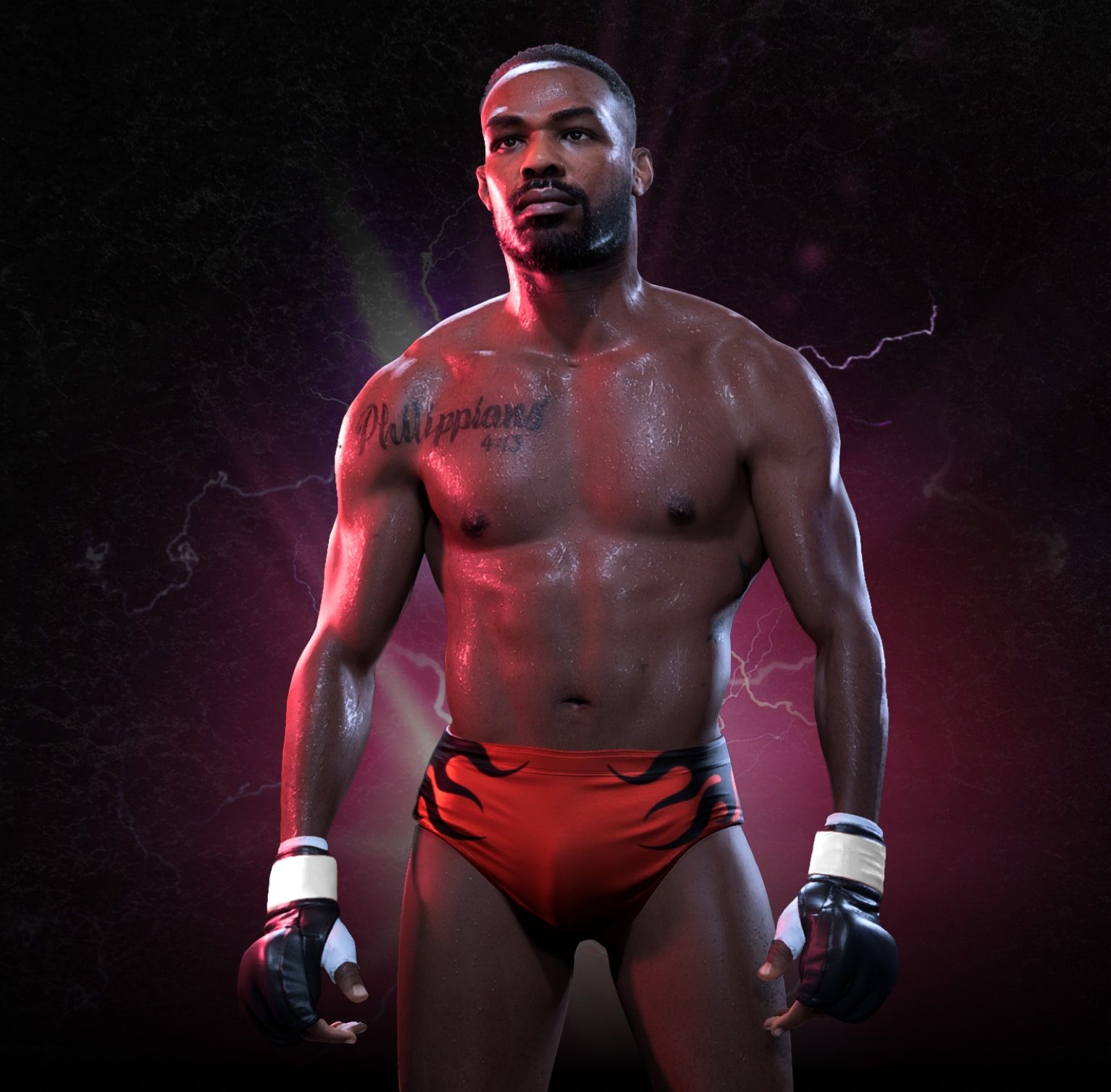 Jon Jones reimagined as a wrestler in red shorts