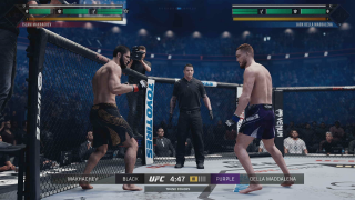 A screenshot of UFC 6, with one fighter facing another. A transparent HUD is visible at the top of the screen.